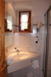 ein Bad mit einem Waschbecken und einer Dusche in der Unterkunft WASSERSTELZ Historisches Genusshotel & Restaurant am Rhein in Hohentengen