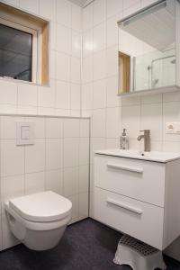 a white bathroom with a toilet and a sink at Bryggjur in Hvolsvöllur
