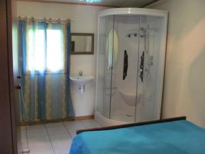 a bathroom with a shower and a bed and a sink at Les Bungalows du Mont-Auban in Sainte-Clotilde