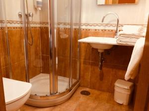 uma casa de banho com um chuveiro, um lavatório e um WC. em PR Badalada em Santiago de Compostela