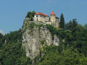 a castle on the top of a mountain at Apartments Dolžan in Bled