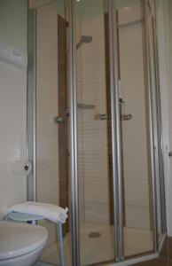 y baño con ducha, aseo y lavamanos. en Hotel Gasthof Fellner, en Furth im Wald