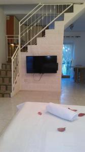 a living room with a television and a white rug at Apartman Restović in Bol