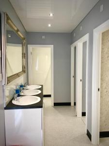 a bathroom with a row of sinks and a mirror at Lagan Backpackers in Belfast
