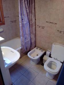 ein Badezimmer mit Toilette, Badewanne und Waschbecken in der Unterkunft Rudecindo Roca 1 in San Martín de los Andes