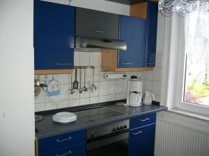 アルテンアウにあるHarzhaus-am-Brunnen-Wohnung-4のキッチン(青いキャビネット、カウンタートップ付)