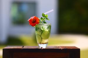 a drink on a table with a flower in it at Pousada Ninanoa in Pôrto de Pedras