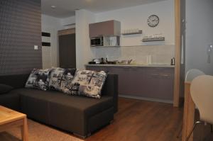 a living room with a couch and a kitchen at Apartamenty Przy Starówce in Zielona Góra