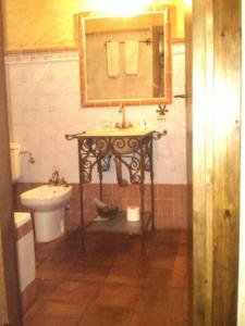 a bathroom with a sink and a mirror and a toilet at La Casa Vieja in Turégano