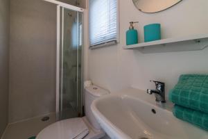 een badkamer met een toilet, een wastafel en een douche bij CHALETS IN THE DUNES nearby the beach in IJmuiden