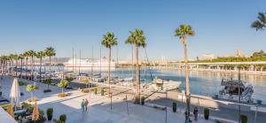マラガにあるApto Ana. Malaga Centroのヤシの木とマリーナがある港の景色