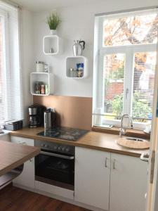 uma cozinha com um fogão, um lavatório e uma janela em feelgood Apartments - Apartment Chic em Braunschweig