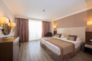 シダにあるSide Alegria Hotel & Spa - All Inclusive-Adult Onlyの大きなベッドとデスクが備わるホテルルームです。