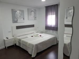 a bedroom with a bed and a mirror at Hostal Goyesco Plaza in Plasencia