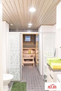 a bathroom with a shower and a toilet and a sink at Arctic Oasis Apartments in Rovaniemi