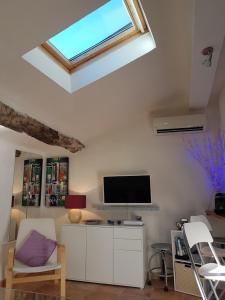 a living room with a television and a skylight at Suquet26 in Cannes