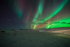 an aurora in the sky over a snow covered field at Hotel Gullfoss in Haukadalur