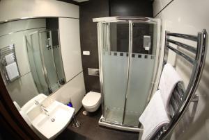 Un baño con ducha, lavabo e inodoro. en Hostal Atocha Almudena Martín, en Madrid 23 fotos más