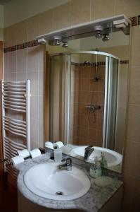 a bathroom with a sink and a shower and a mirror at Vadszilva Apartman in Balatonőszöd