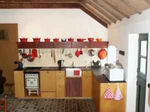 een keuken met een fornuis en enkele potten en pannen bij De Wilgenhof in Finsterwolde
