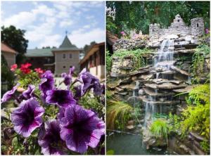 two pictures of a waterfall in a garden with flowers at Curtea Boierului Hotel in Peresecina