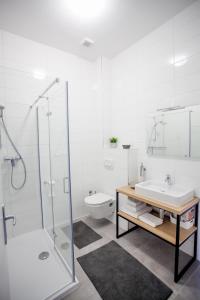 een badkamer met een douche, een wastafel en een toilet bij Zagreb City Vibe Apartments & Rooms in Zagreb
