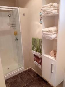 a white bathroom with a shower and towels at Dream Escape for 2 in Paraparaumu Beach