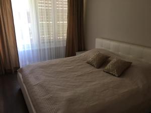 łóżko z 2 poduszkami i oknem w obiekcie Purple Amber w mieście Juodkrantė