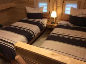 two beds in a log cabin with a lamp on a table at Blockhäuser Harzblick in Hohegeiß +31 photos