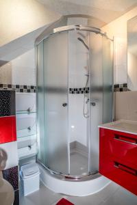ツァルナ・グラにあるApartamenty Góraleczka z widokiem- pokój zabawの赤いキャビネット付きのバスルーム(ガラス張りのシャワー付)