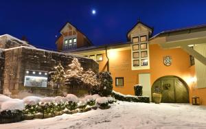 a building with a christmas tree in the snow at Landhaushotel Hof Wasserkuppe in Poppenhausen