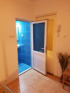 Un baño con ducha y puerta de cristal. en Vivaldi Studios, en Cluj-Napoca 10 fotos más