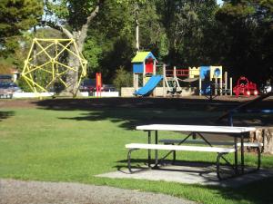 a picnic table in a park with a playground at Greytown Campground in Greytown