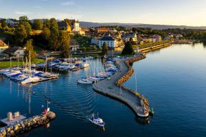 an aerial view of a marina with boats in the water at Hôtel Real Nyon by HappyCulture in Nyon