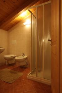 y baño con ducha, aseo y lavamanos. en B.& B. Corradini, en Castello di Fiemme