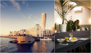 two pictures of a view of a body of water at Moment Hotels in Malmö