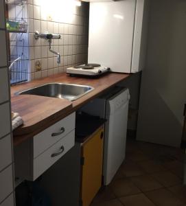 a kitchen with a sink and a counter top at Fuglsang Apartments in Skattebølle