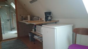 una pequeña cocina con nevera y microondas en Fuglsang Apartments, en Skattebølle