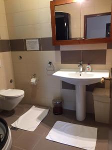 een badkamer met een wastafel, een toilet en een spiegel bij Villa Maja in Njivice