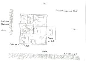 Grundriss eines Hauses mit Zeichnungen in der Unterkunft Ferienapartment Kleist in Prerow
