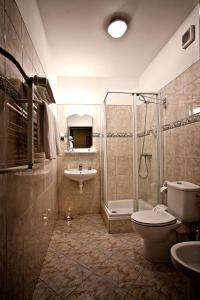 W łazience znajduje się prysznic, toaleta i umywalka. w obiekcie Krechowiak w mieście Augustów
