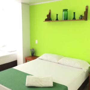 um quarto verde com uma cama com uma parede verde em La Posada De Lulú em San Andrés