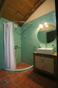 een badkamer met douche, wastafel en spiegel bij Agathes Traditional Houses in Kástellos
