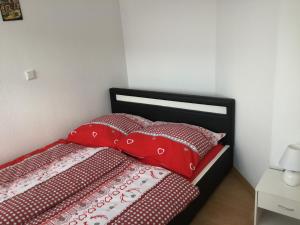 デュッセルドルフにあるCity Center Apartment Düsseldorfのベッド(赤と白の枕付)