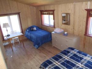 a bedroom with a blue bed and a desk at Gîte La Maison Chez J.P. Bed and Breakfast in Havre aux Maisons