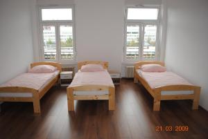 three beds in a room with two windows at Monteurzimmer-Apartment Scholl Pforzheim in Pforzheim