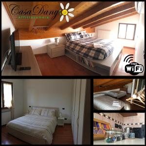 2 fotos de un dormitorio con cama y TV en Casa Dany, en Lugagnano
