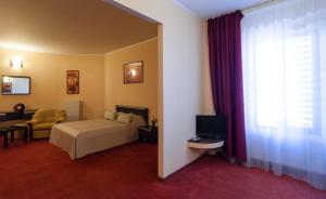 a bedroom with a bed and a couch and a television at Hotel Magnus Galati in Galaţi