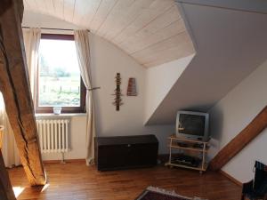 a living room with a tv and a window at Cozy Apartment in Buschenhagen with Sauna in Buschenhagen
