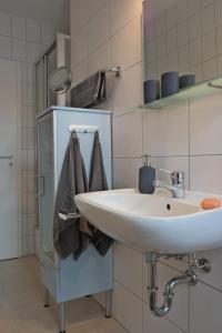 uma casa de banho com um lavatório e um toalheiro. em Ferienwohnung Wartburgblick em Eisenach